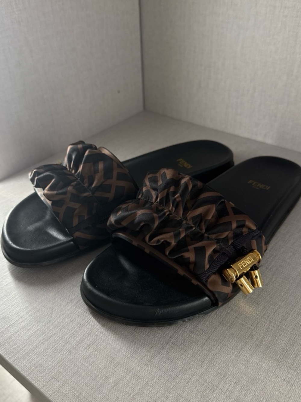 Fendi Black & Brown Monogram Ruched Slide Sandals with Gold Accent